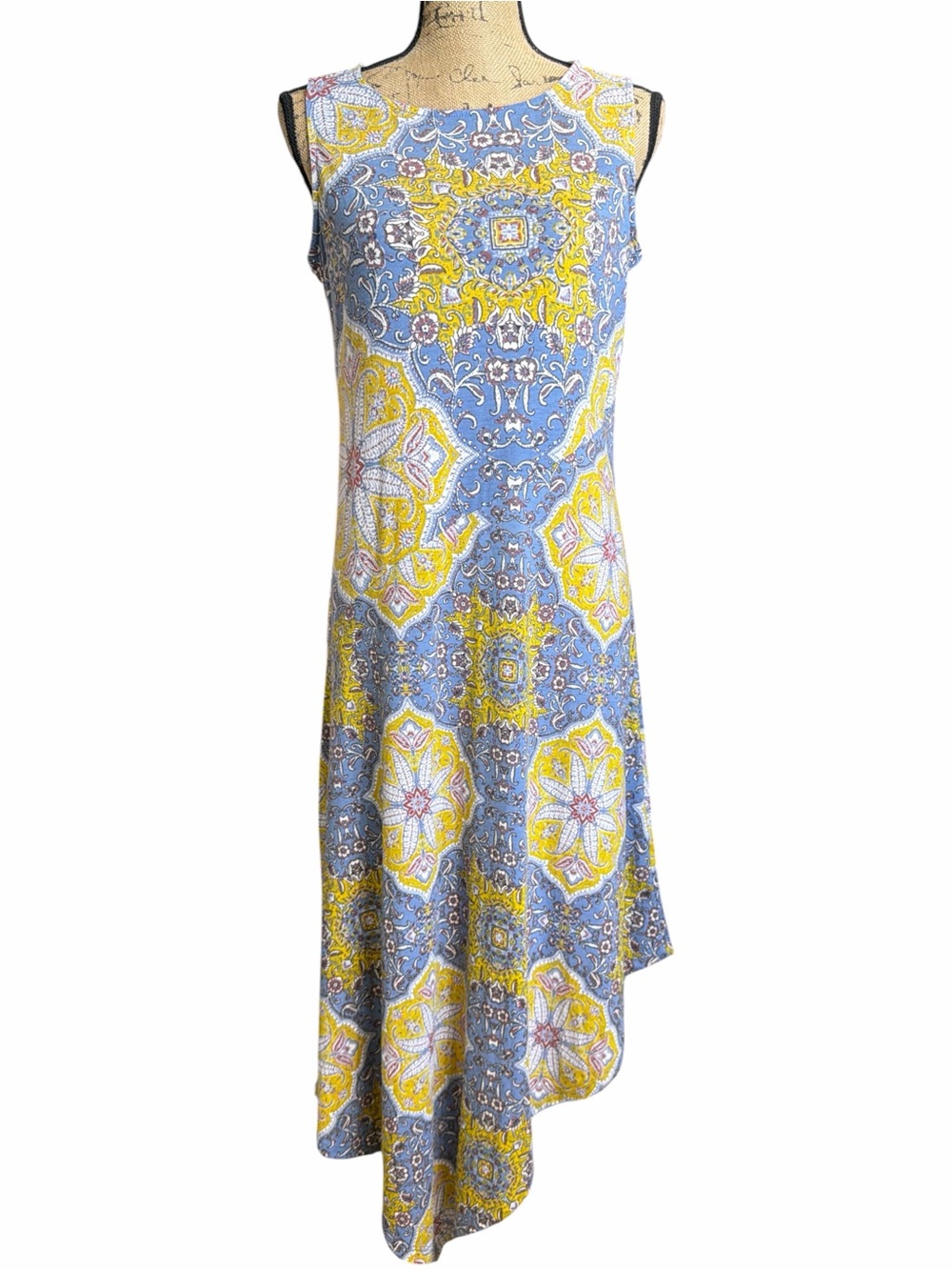 new directions Blue & Yellow Asymmetrical Medallion Dress. EC. Size Small